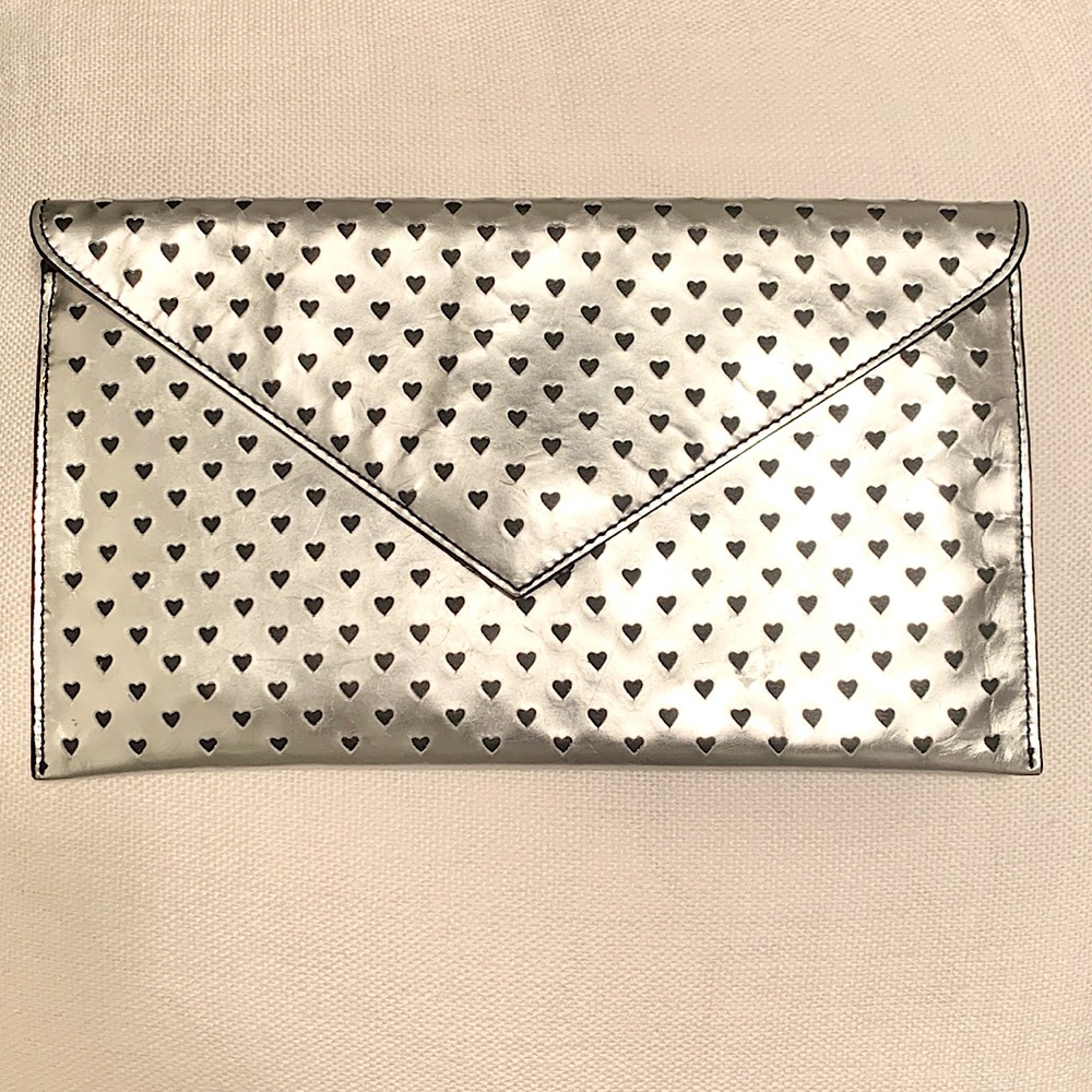 Silver envelope-style tiny hearts clutch bag